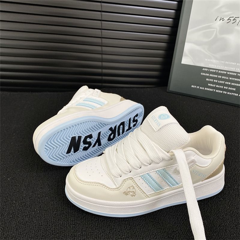 Chunky Platform Sneakers Women's Chunky Platform Sneakers - Bold Stripe Design, Breathable Comfort | Cushioned PU Sole & Arch Support, White & Light Pastel Colorway - Skate Shoes, Everyday Streetwear, All-Season Casual Shoes