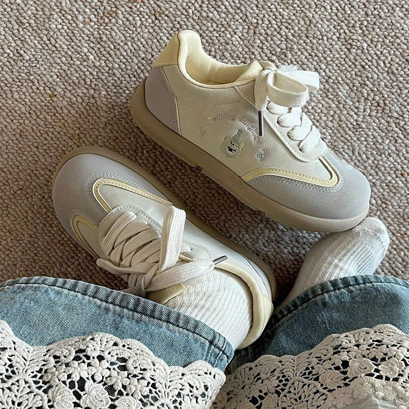 Women's Lightweight Sneakers - Beige\u002FWhite PU Upper Walking Shoes, Non-Slip Rubber Sole & Cushioned EVA Insole, Minimalist Lace-Up Design for Everyday, Office, Errands - Summer Shoes for Women, Comfortable Casual Attire, Decorative Bow Detail, Breath