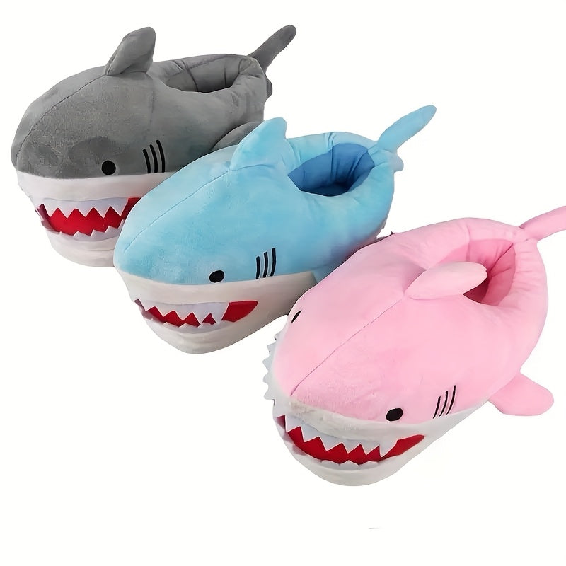 Cozy Shark-Shaped Plush Winter Slippers for Women - Blue with Red Accents, Indoor\u002FOutdoor Comfort, Creative Gift Idea, Soft Fabric Material, Cute Slippers, Valentine's Day Gifts