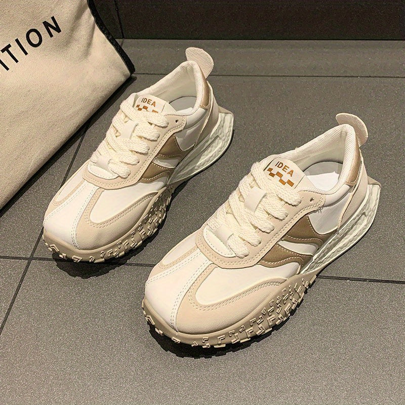 Women's Chunky Platform Sneakers - Beige & Burgundy Vintage Training Shoes - Non-Slip Rubber Sole - Cushioned EVA Insole - Breathable Athletic Footwear for Everyday, Gym, Outfits - Retro Dad Shoes, Ladies Sneakers, Casual Walking, Trendy Design, Comfortab