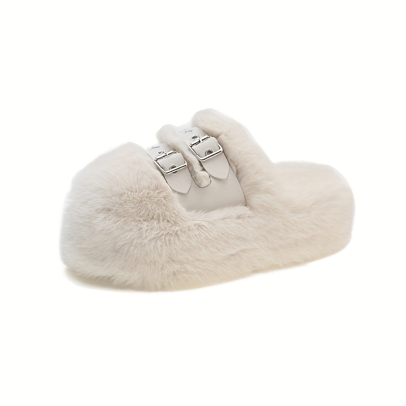 Plush Faux Fur Slippers With Double Buckles, Indoor House Shoes, Available In Beige, White, Black