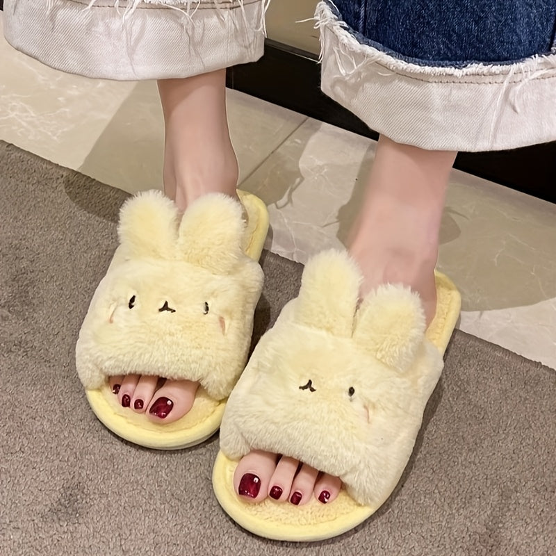 Cute Rabbit Ear Plush Slippers For Spring And Autumn, Furry And Open Toed Indoor Shoes, Creative Gift Suitable For Bedroom And Outdoor Use