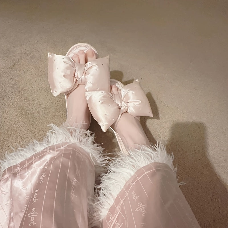 Elegant Pink Satin Women's Slippers with Bow Tie – Quilted Design, Soft Fabric, Indoor & Outdoor Use, Perfect for Bedroom or Gift, Bedroom Slippers