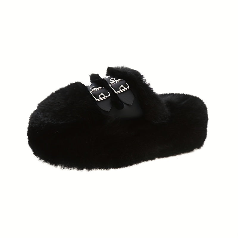 Plush Faux Fur Slippers With Double Buckles, Indoor House Shoes, Available In Beige, White, Black