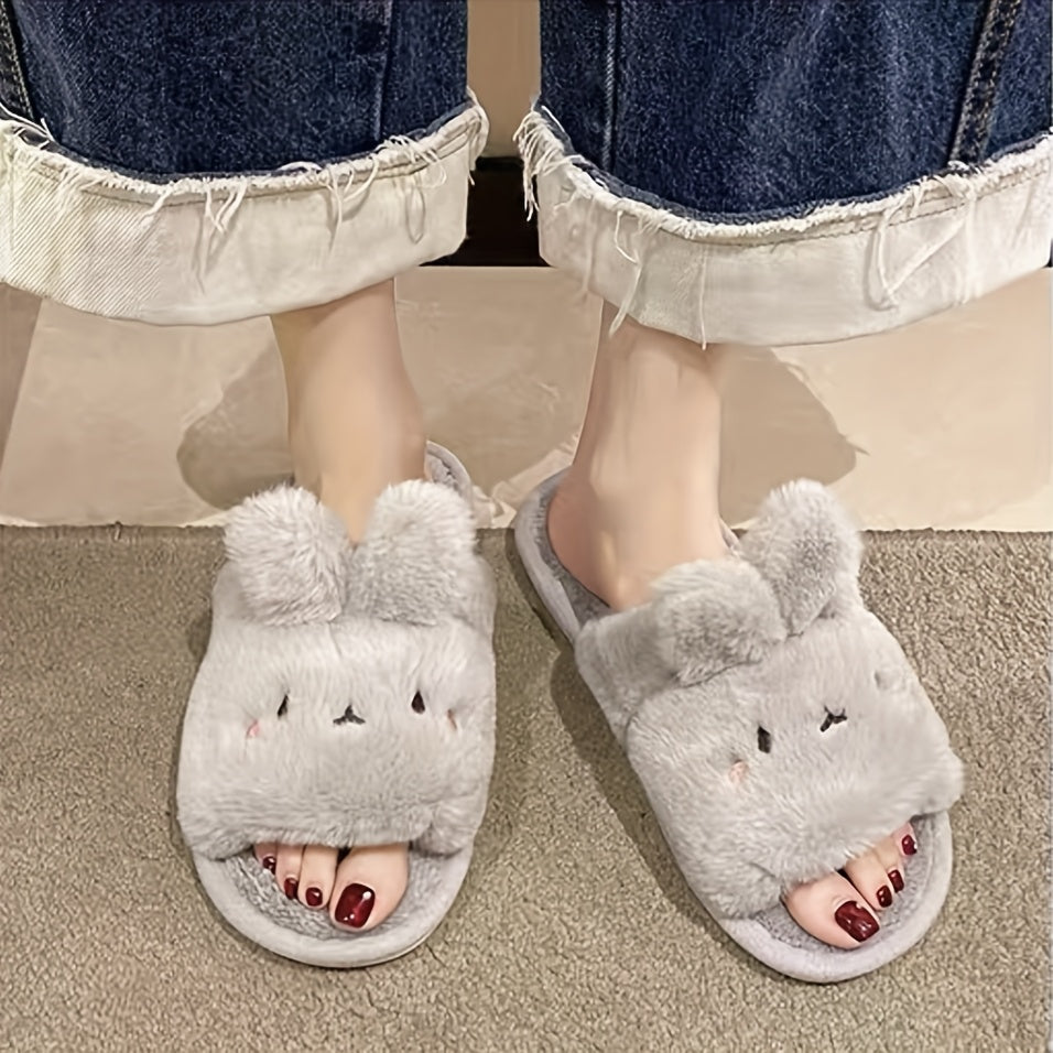Cute Rabbit Ear Plush Slippers For Spring And Autumn, Furry And Open Toed Indoor Shoes, Creative Gift Suitable For Bedroom And Outdoor Use