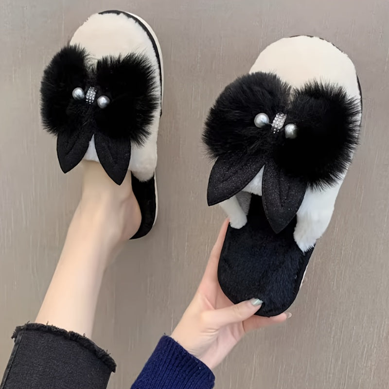 Women's Cute Cat Ear Slip-On Slippers - Soft Plush House Shoes, Non-Slip TPU Sole Indoor\u002FOutdoor, All-Season Cozy Footwear for Women (Black\u002FBeige\u002FGray\u002F) - Perfect Gift for Cat Lovers
