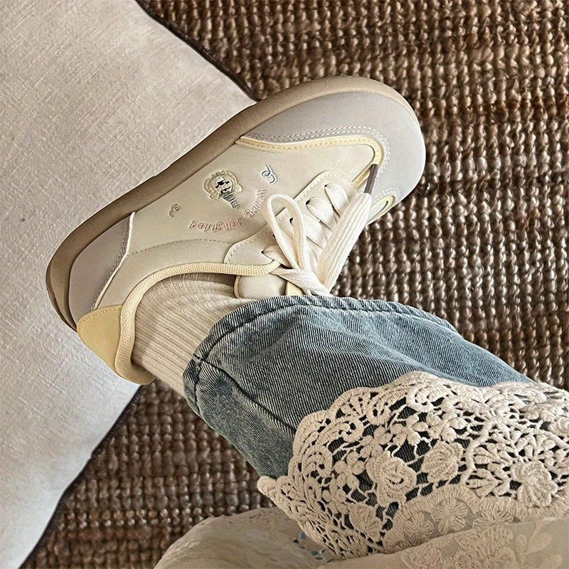 Women's Lightweight Sneakers - Beige\u002FWhite PU Upper Walking Shoes, Non-Slip Rubber Sole & Cushioned EVA Insole, Minimalist Lace-Up Design for Everyday, Office, Errands - Summer Shoes for Women, Comfortable Casual Attire, Decorative Bow Detail, Breath