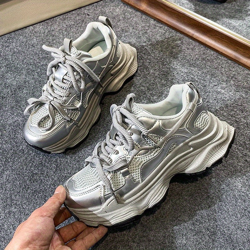 New Silvery versatile casual Women's sports shoes, thick-soled and height-increasing dad shoes for women