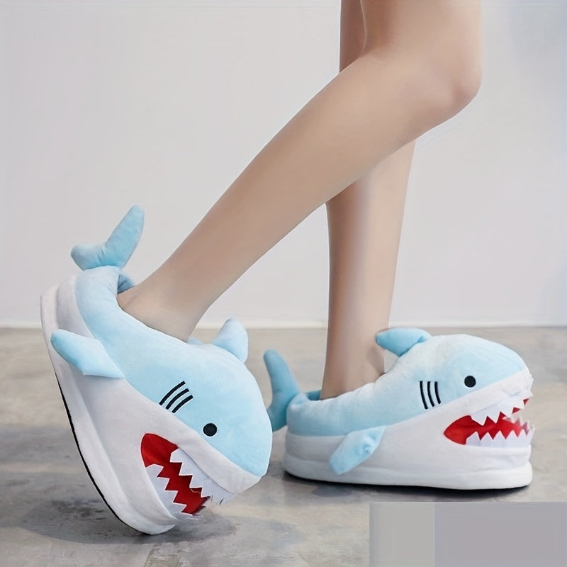Cozy Shark-Shaped Plush Winter Slippers for Women - Blue with Red Accents, Indoor\u002FOutdoor Comfort, Creative Gift Idea, Soft Fabric Material, Cute Slippers, Valentine's Day Gifts