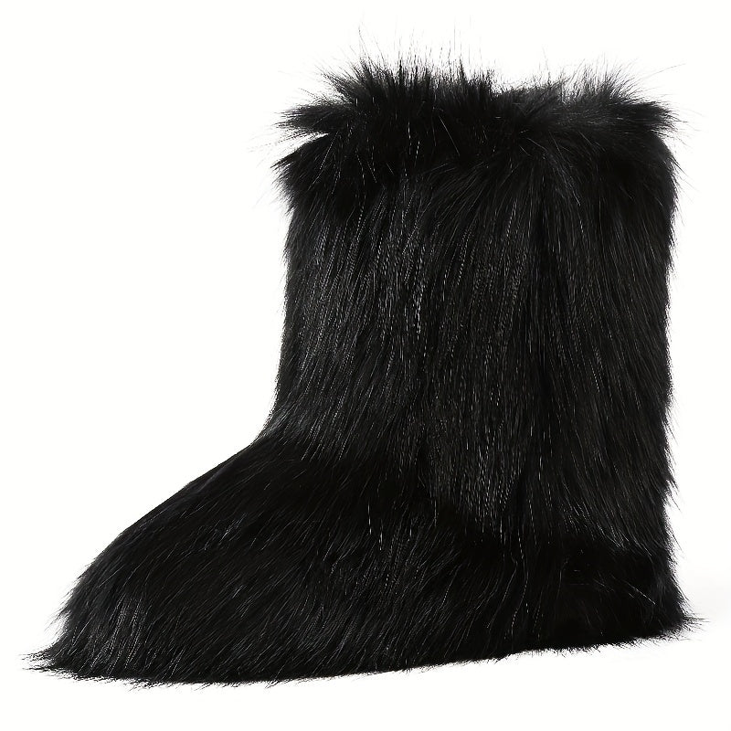 Women's Furry Faux Fur Winter Boots - Fluffy Warm Snow Booties with Flat Rubber Sole, Fashionable Outdoor Shoes for Girls and Women, Furry Boots