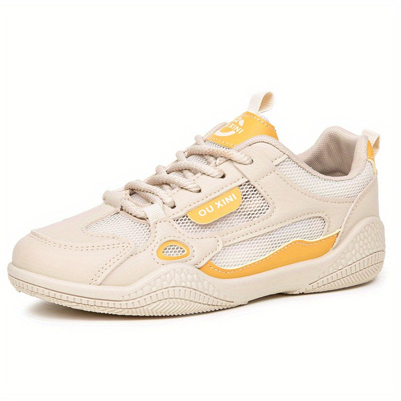 Women'S Airy Mesh Training Sneakers - Lightweight Non-Slip Summer Running Shoes with Breathable Design, Korean-Inspired Casual Sneakers for Gym, Walking & Daily Wear, White & Yellow Accents, Breathable Footwear, Stylish Sportswear, Durable PVC Sole
