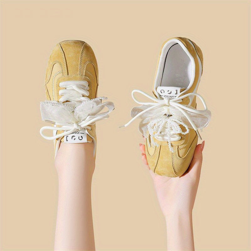 Women'S Dexun Casual Sneakers - Breathable Fabric Upper, Flat Bottom Rubber Sole, Striped Design with Bow Accents, All-Season Comfort for Skateboarding & Casual Attire, Ladies Sneakers, Comfortable Footwear, Fabric Insole