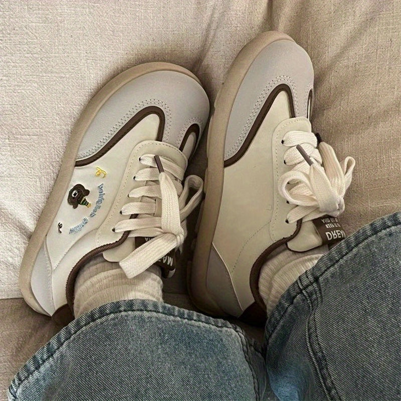 Women's Lightweight Sneakers - Beige\u002FWhite PU Upper Walking Shoes, Non-Slip Rubber Sole & Cushioned EVA Insole, Minimalist Lace-Up Design for Everyday, Office, Errands - Summer Shoes for Women, Comfortable Casual Attire, Decorative Bow Detail, Breath