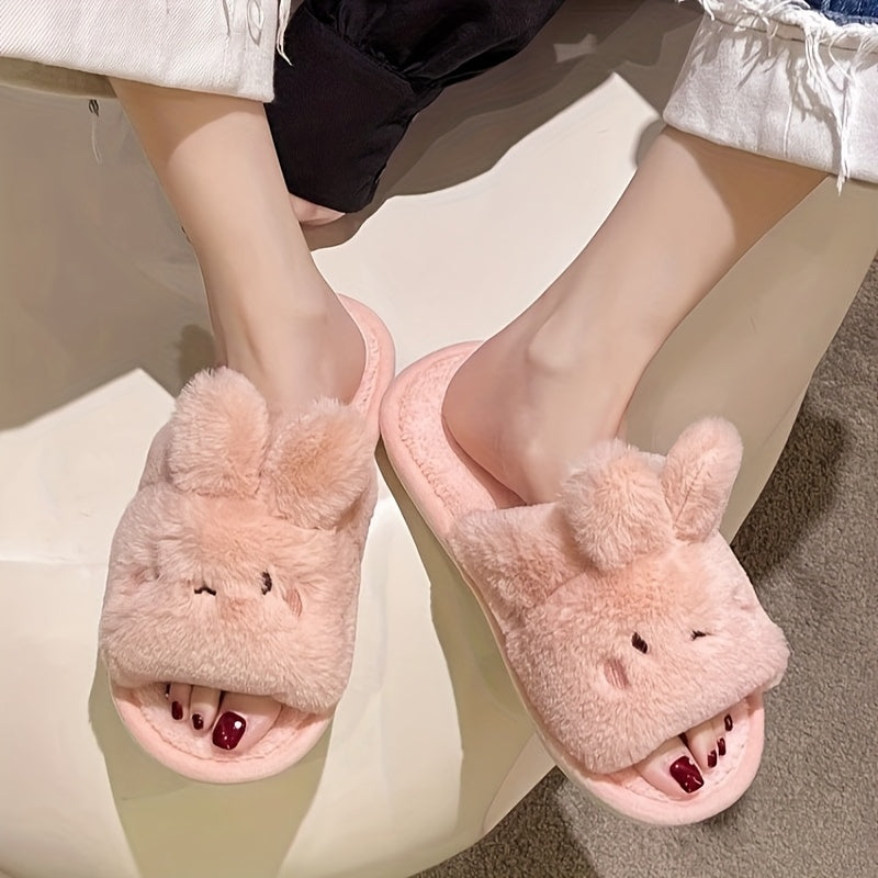 Cute Rabbit Ear Plush Slippers For Spring And Autumn, Furry And Open Toed Indoor Shoes, Creative Gift Suitable For Bedroom And Outdoor Use