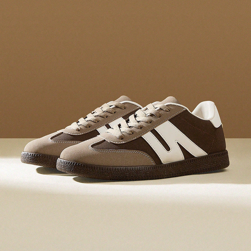 Women's Low-Top Sneakers - Beige & Black Accent - Cushioned PU Insole - Non-Slip Rubber Sole - All-Season Skate Shoes - Lightweight Everyday Casual Shoes - Minimalist Athletic Footwear, Ladies Sneakers, Stylish Stripes Design, Breathable Fabric Lining, Sp