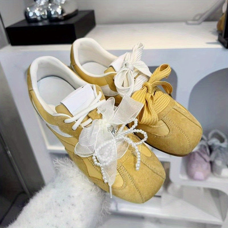 Women'S Dexun Casual Sneakers - Breathable Fabric Upper, Flat Bottom Rubber Sole, Striped Design with Bow Accents, All-Season Comfort for Skateboarding & Casual Attire, Ladies Sneakers, Comfortable Footwear, Fabric Insole