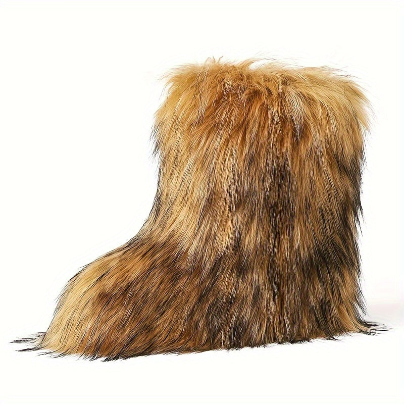 Women's Furry Faux Fur Winter Boots - Fluffy Warm Snow Booties with Flat Rubber Sole, Fashionable Outdoor Shoes for Girls and Women, Furry Boots