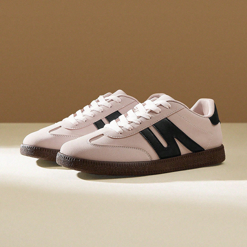 Women's Low-Top Sneakers - Beige & Black Accent - Cushioned PU Insole - Non-Slip Rubber Sole - All-Season Skate Shoes - Lightweight Everyday Casual Shoes - Minimalist Athletic Footwear, Ladies Sneakers, Stylish Stripes Design, Breathable Fabric Lining, Sp