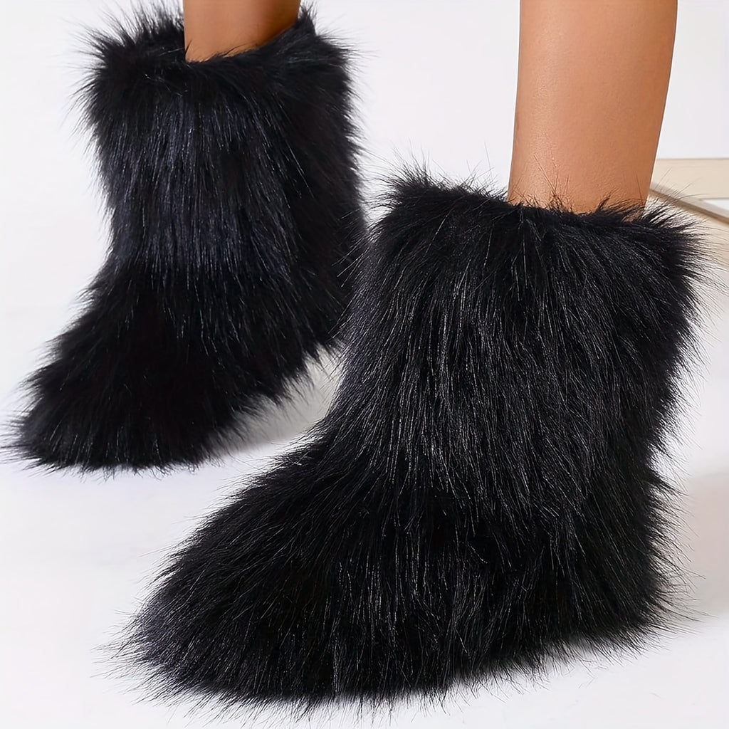 Women's Furry Faux Fur Winter Boots - Fluffy Warm Snow Booties with Flat Rubber Sole, Fashionable Outdoor Shoes for Girls and Women, Furry Boots