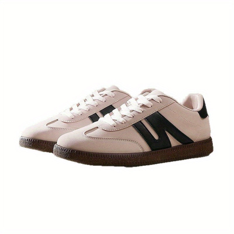 Women's Low-Top Sneakers - Beige & Black Accent - Cushioned PU Insole - Non-Slip Rubber Sole - All-Season Skate Shoes - Lightweight Everyday Casual Shoes - Minimalist Athletic Footwear, Ladies Sneakers, Stylish Stripes Design, Breathable Fabric Lining, Sp