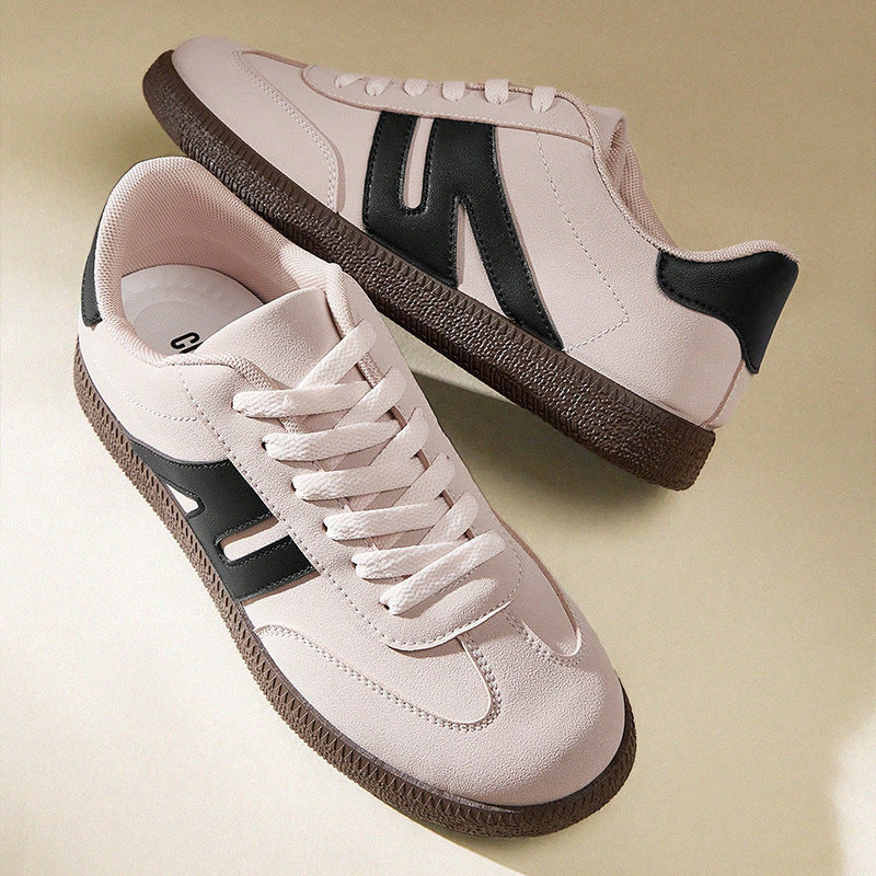 Women's Low-Top Sneakers - Beige & Black Accent - Cushioned PU Insole - Non-Slip Rubber Sole - All-Season Skate Shoes - Lightweight Everyday Casual Shoes - Minimalist Athletic Footwear, Ladies Sneakers, Stylish Stripes Design, Breathable Fabric Lining, Sp