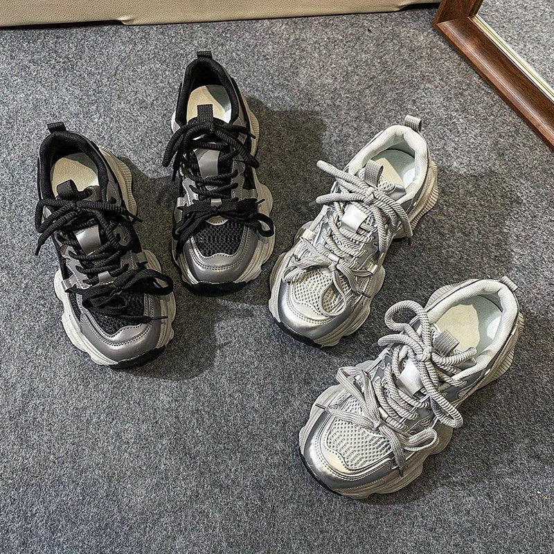 New Silvery versatile casual Women's sports shoes, thick-soled and height-increasing dad shoes for women