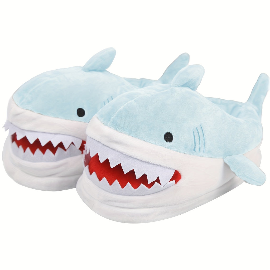 Cozy Shark-Shaped Plush Winter Slippers for Women - Blue with Red Accents, Indoor\u002FOutdoor Comfort, Creative Gift Idea, Soft Fabric Material, Cute Slippers, Valentine's Day Gifts