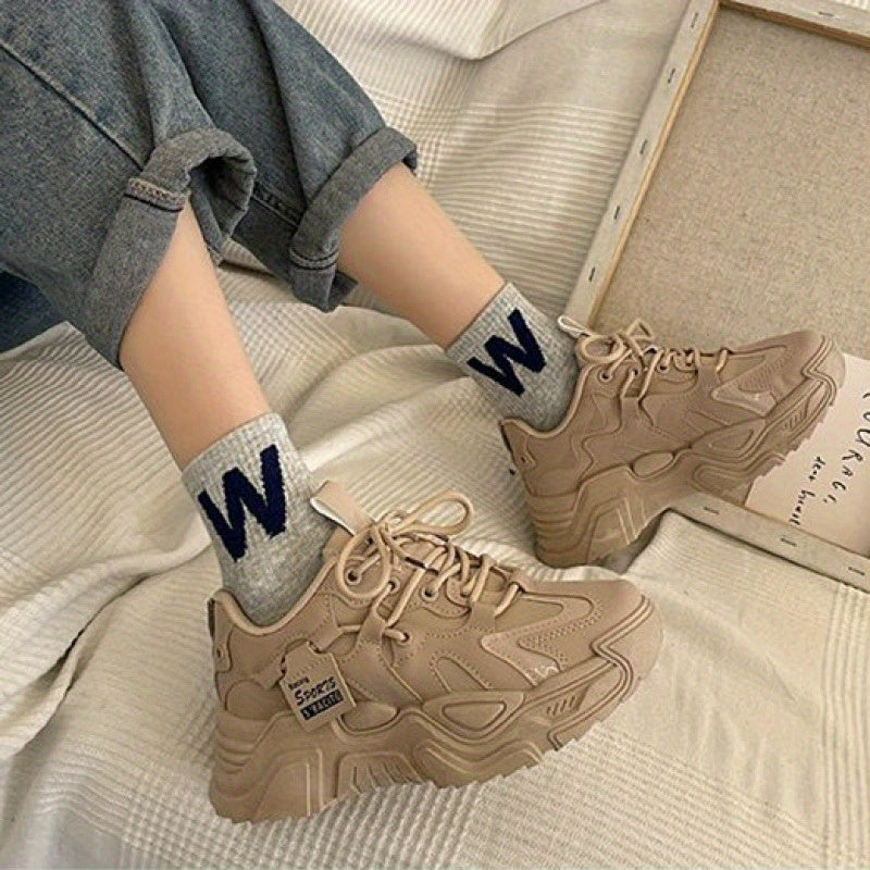 Women'S Breathable Platform Sneakers - Cozy Lined Chunky Sole, Urban Streetwear Athletic Shoes with PU Upper & Rubber Outsole, EVA Cushioned Insole for All-Day Comfort, Black Versatile Seasonal Transition Footwear, Ladies Sneakers, Sleek Shoe Design, Comf