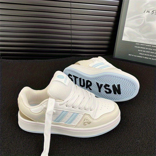 Chunky Platform Sneakers Women's Chunky Platform Sneakers - Bold Stripe Design, Breathable Comfort | Cushioned PU Sole & Arch Support, White & Light Pastel Colorway - Skate Shoes, Everyday Streetwear, All-Season Casual Shoes