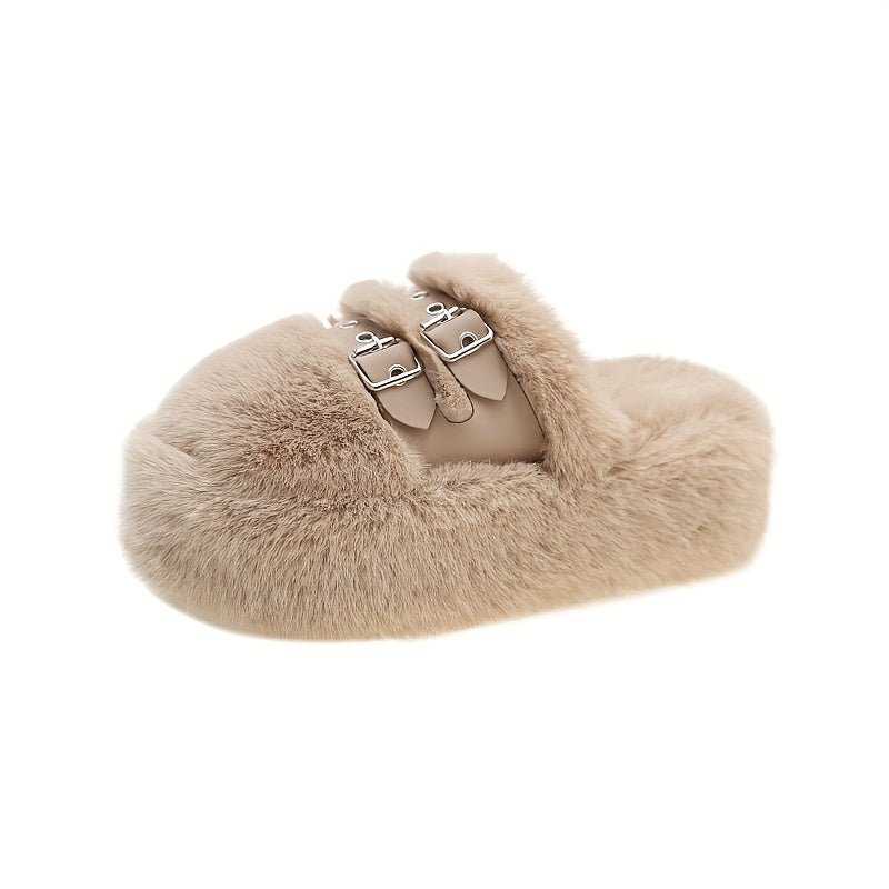 Plush Faux Fur Slippers With Double Buckles, Indoor House Shoes, Available In Beige, White, Black