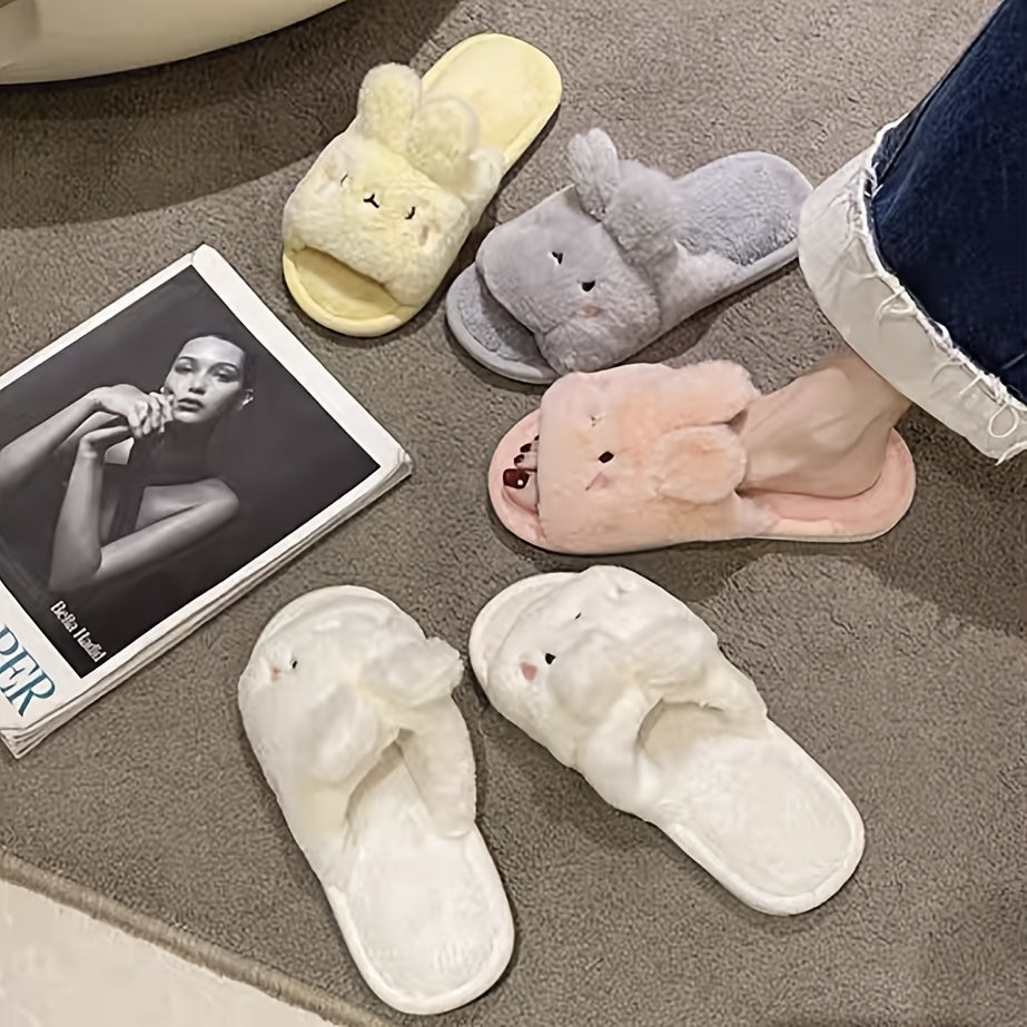 Cute Rabbit Ear Plush Slippers For Spring And Autumn, Furry And Open Toed Indoor Shoes, Creative Gift Suitable For Bedroom And Outdoor Use
