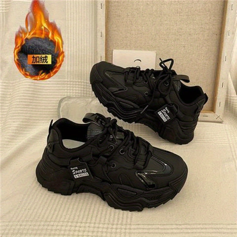 Women'S Breathable Platform Sneakers - Cozy Lined Chunky Sole, Urban Streetwear Athletic Shoes with PU Upper & Rubber Outsole, EVA Cushioned Insole for All-Day Comfort, Black Versatile Seasonal Transition Footwear, Ladies Sneakers, Sleek Shoe Design, Comf