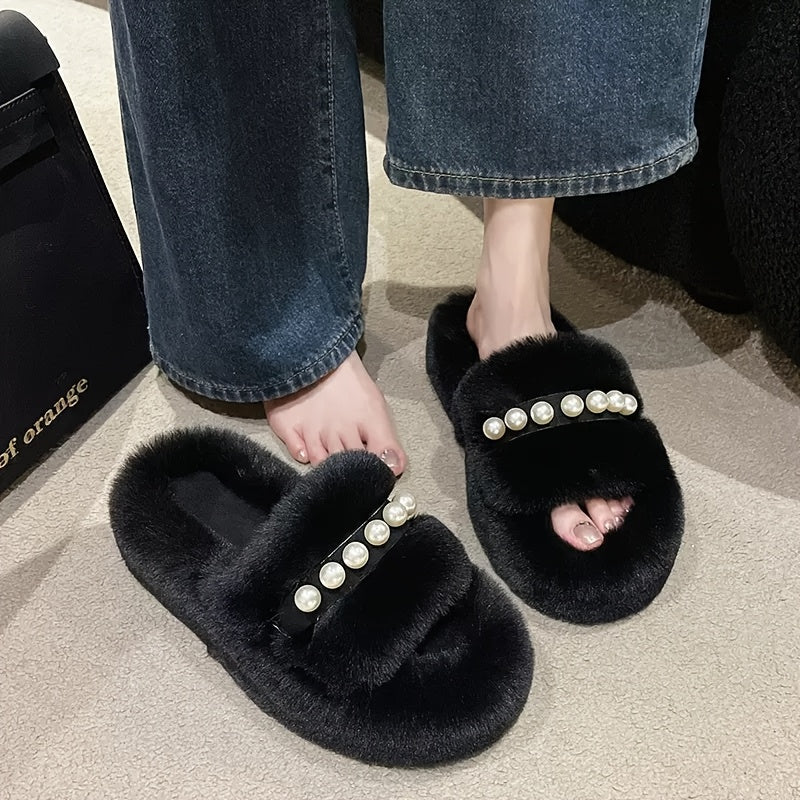 Women'S Plush Faux Fur Slippers With Pearl Trim, Open Toe House Slides, Available In White, Black And Khaki