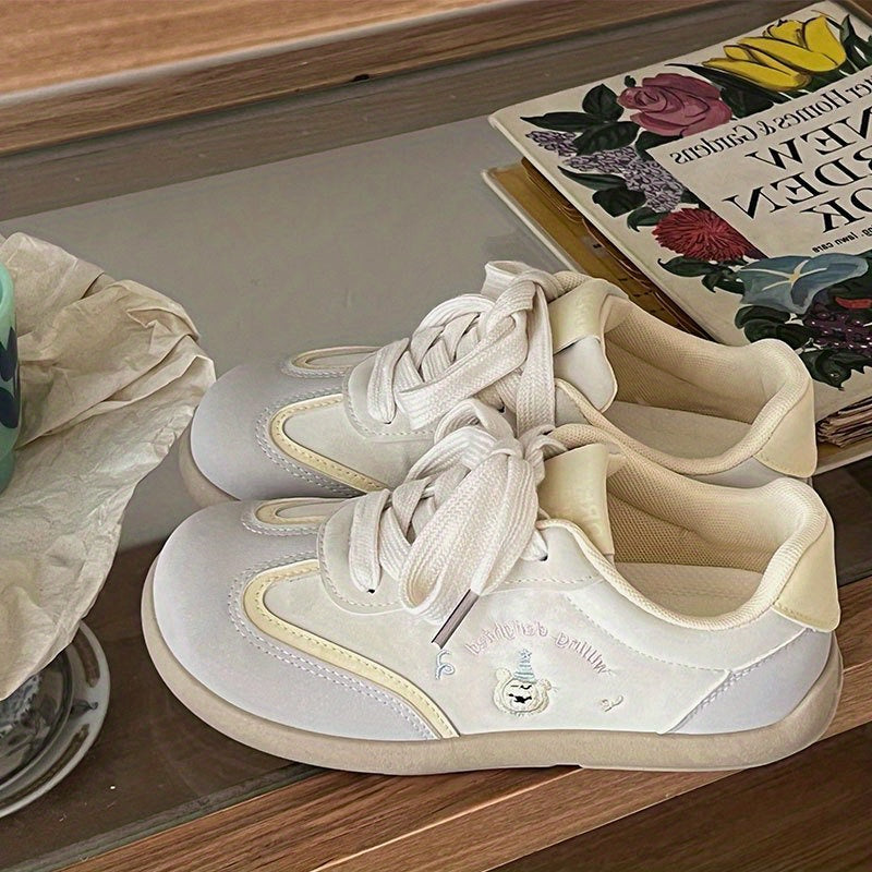 Women's Lightweight Sneakers - Beige\u002FWhite PU Upper Walking Shoes, Non-Slip Rubber Sole & Cushioned EVA Insole, Minimalist Lace-Up Design for Everyday, Office, Errands - Summer Shoes for Women, Comfortable Casual Attire, Decorative Bow Detail, Breath