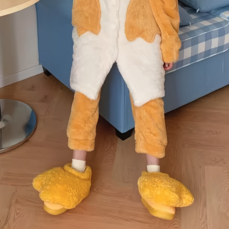 Women'S Cozy Plush Duck Paw Slippers - Soft Yellow Winter Indoor Shoes with Non-Slip TPU Sole, Warm & Comfortable for Cold Floors, Casual Home Footwear, Cute Animal Design, Soft Fabric Upper