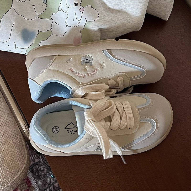 Women's Lightweight Sneakers - Beige\u002FWhite PU Upper Walking Shoes, Non-Slip Rubber Sole & Cushioned EVA Insole, Minimalist Lace-Up Design for Everyday, Office, Errands - Summer Shoes for Women, Comfortable Casual Attire, Decorative Bow Detail, Breath