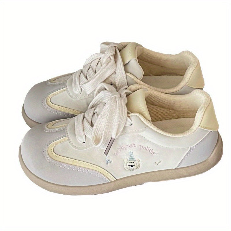 Women's Lightweight Sneakers - Beige\u002FWhite PU Upper Walking Shoes, Non-Slip Rubber Sole & Cushioned EVA Insole, Minimalist Lace-Up Design for Everyday, Office, Errands - Summer Shoes for Women, Comfortable Casual Attire, Decorative Bow Detail, Breath