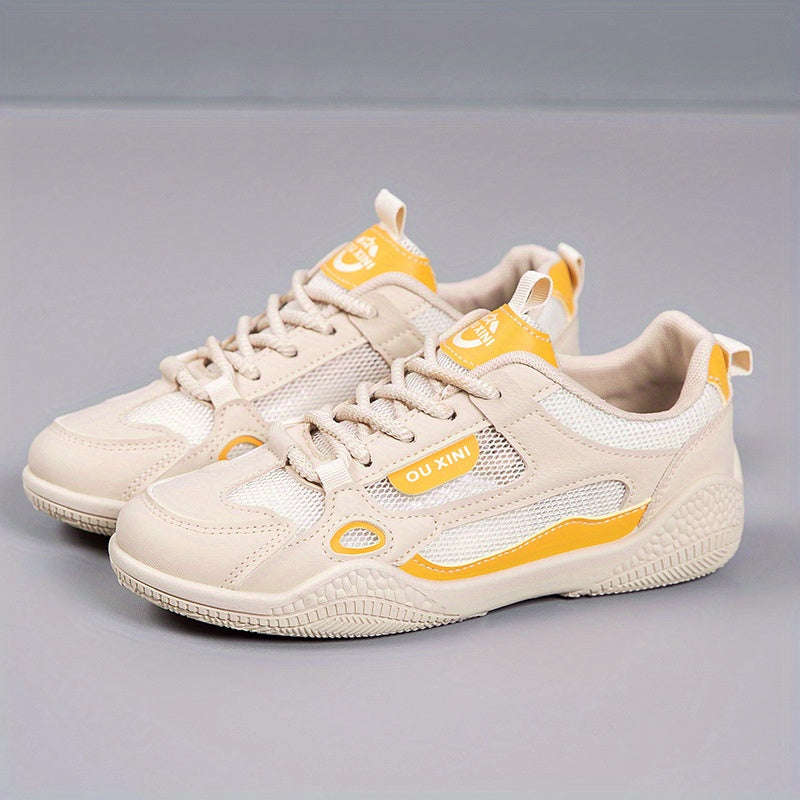 Women'S Airy Mesh Training Sneakers - Lightweight Non-Slip Summer Running Shoes with Breathable Design, Korean-Inspired Casual Sneakers for Gym, Walking & Daily Wear, White & Yellow Accents, Breathable Footwear, Stylish Sportswear, Durable PVC Sole