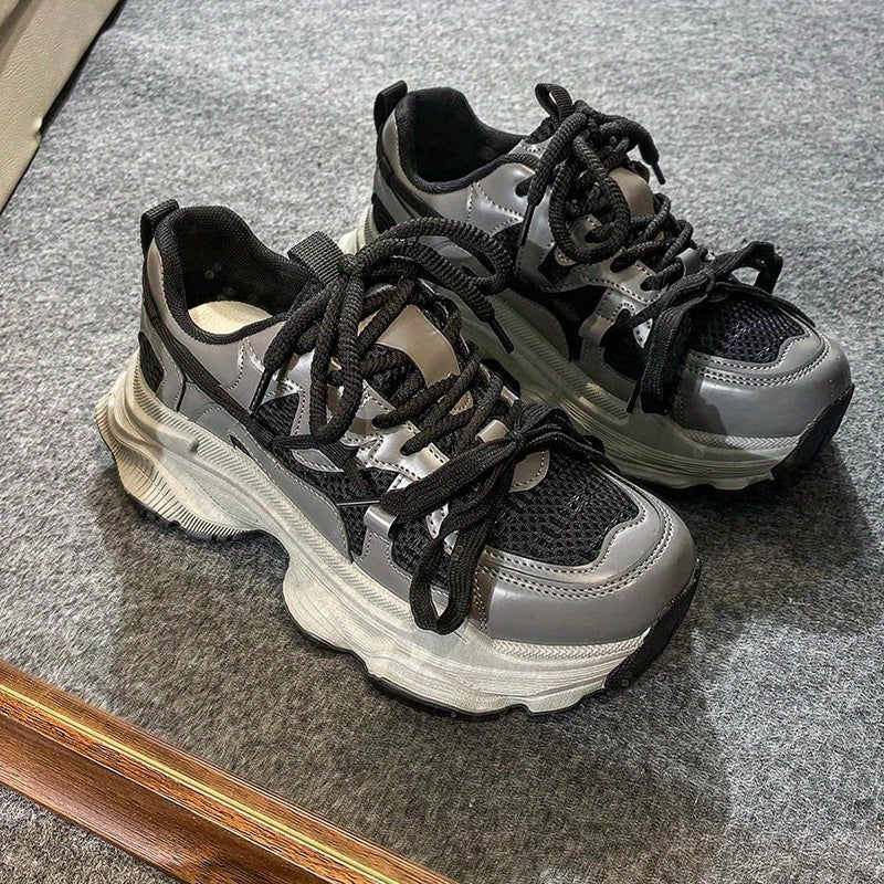 New Silvery versatile casual Women's sports shoes, thick-soled and height-increasing dad shoes for women