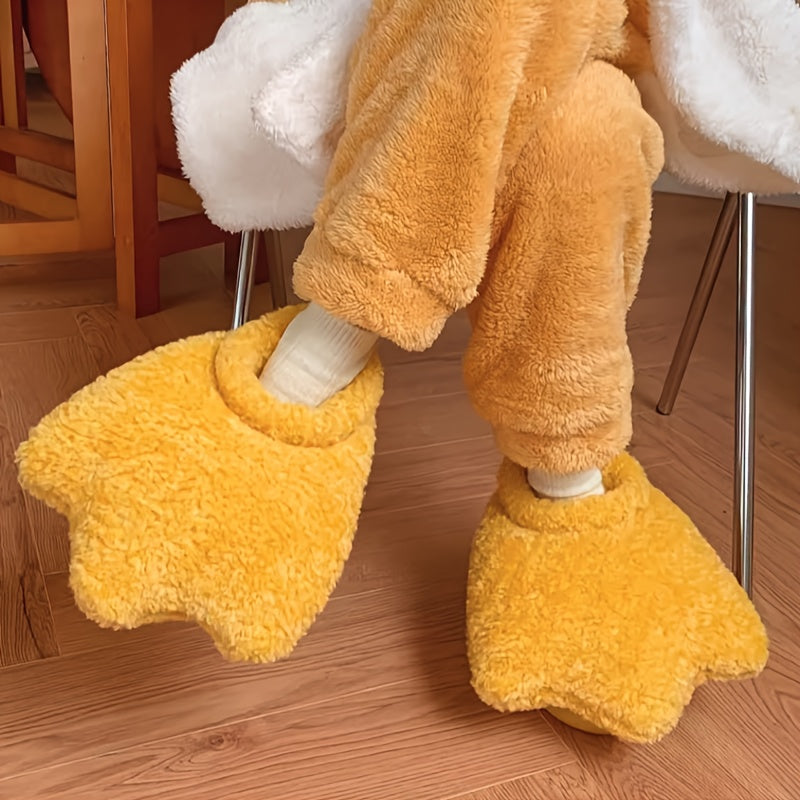 Women'S Cozy Plush Duck Paw Slippers - Soft Yellow Winter Indoor Shoes with Non-Slip TPU Sole, Warm & Comfortable for Cold Floors, Casual Home Footwear, Cute Animal Design, Soft Fabric Upper
