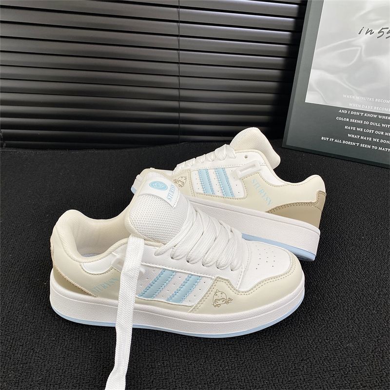 Chunky Platform Sneakers Women's Chunky Platform Sneakers - Bold Stripe Design, Breathable Comfort | Cushioned PU Sole & Arch Support, White & Light Pastel Colorway - Skate Shoes, Everyday Streetwear, All-Season Casual Shoes