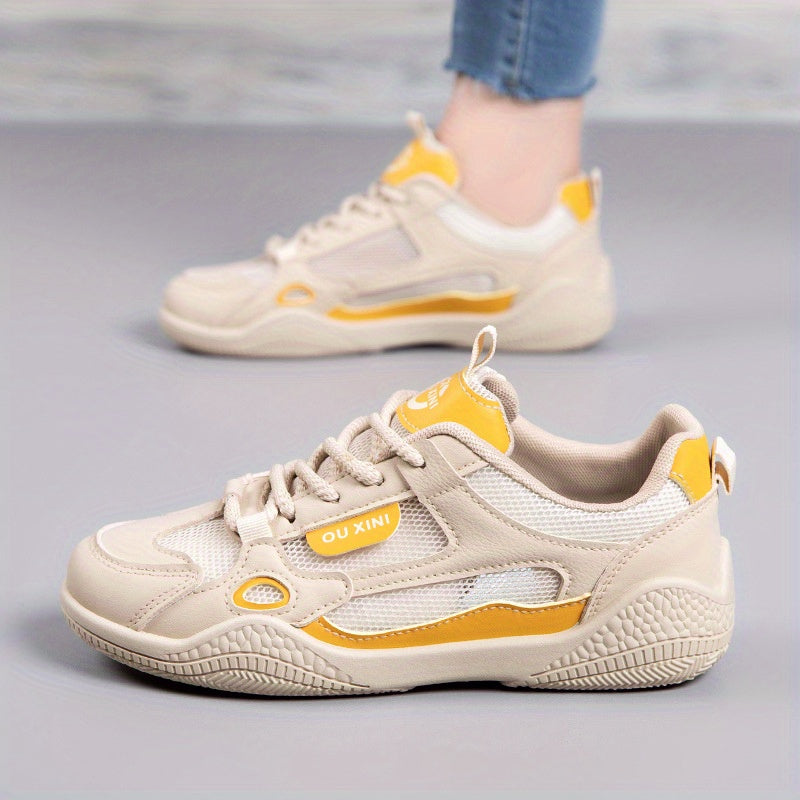 Women'S Airy Mesh Training Sneakers - Lightweight Non-Slip Summer Running Shoes with Breathable Design, Korean-Inspired Casual Sneakers for Gym, Walking & Daily Wear, White & Yellow Accents, Breathable Footwear, Stylish Sportswear, Durable PVC Sole