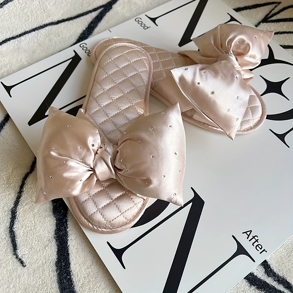 Elegant Pink Satin Women's Slippers with Bow Tie – Quilted Design, Soft Fabric, Indoor & Outdoor Use, Perfect for Bedroom or Gift, Bedroom Slippers