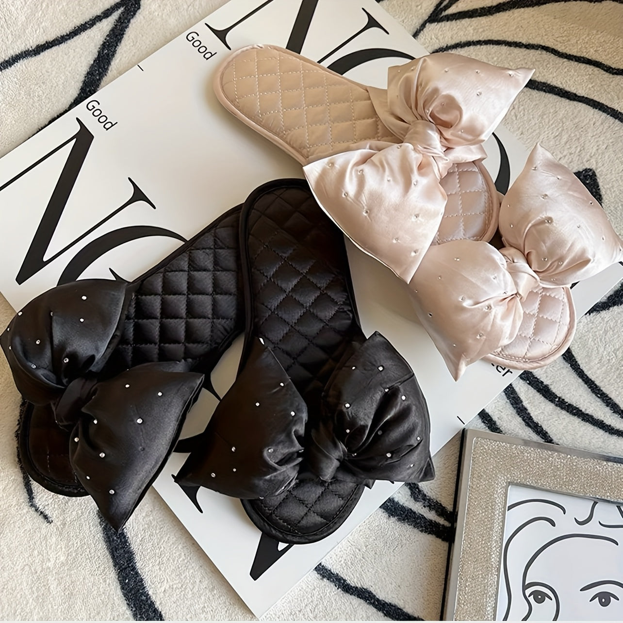 Elegant Pink Satin Women's Slippers with Bow Tie – Quilted Design, Soft Fabric, Indoor & Outdoor Use, Perfect for Bedroom or Gift, Bedroom Slippers