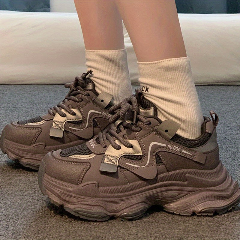 Women'S Vintage-Inspired Platform Sneakers - Lightweight Breathable PU Upper & Rubber Sole, Chunky Sole Shoes for Petite Frames - Casual Athletic Comfort, EVA Insole, Trendy Dad-Style Design, Comfortable Walking Shoes | Vintage Sneakers | Breathable Mesh