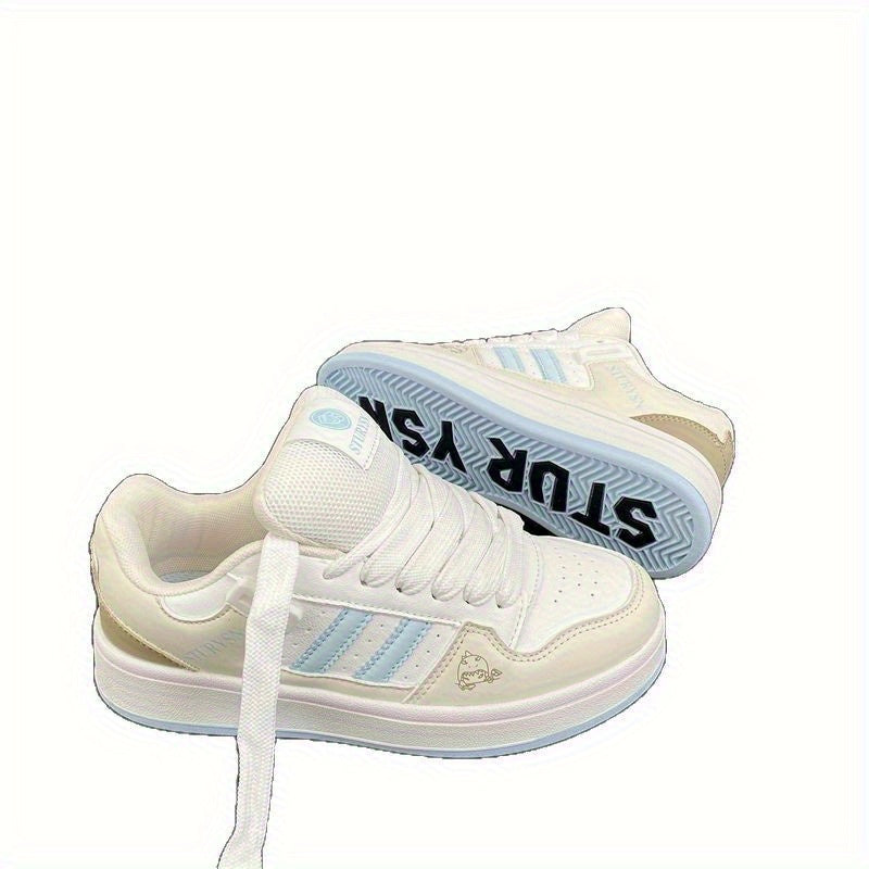 Chunky Platform Sneakers Women's Chunky Platform Sneakers - Bold Stripe Design, Breathable Comfort | Cushioned PU Sole & Arch Support, White & Light Pastel Colorway - Skate Shoes, Everyday Streetwear, All-Season Casual Shoes