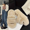Women'S Plush Faux Fur Slippers With Pearl Trim, Open Toe House Slides, Available In White, Black And Khaki