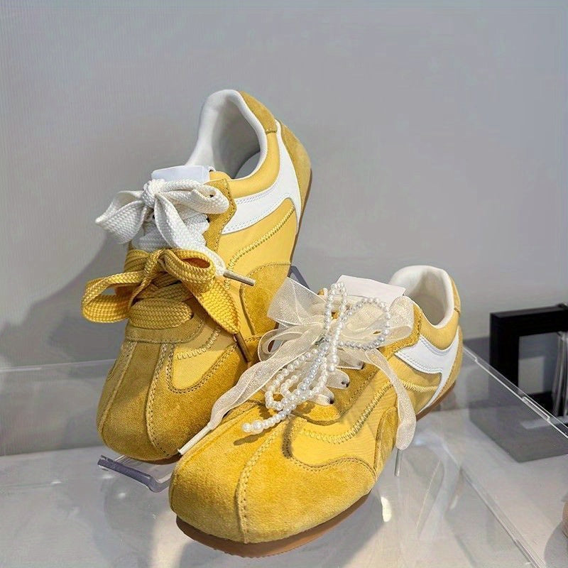 Women'S Dexun Casual Sneakers - Breathable Fabric Upper, Flat Bottom Rubber Sole, Striped Design with Bow Accents, All-Season Comfort for Skateboarding & Casual Attire, Ladies Sneakers, Comfortable Footwear, Fabric Insole