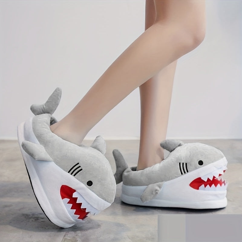 Cozy Shark-Shaped Plush Winter Slippers for Women - Blue with Red Accents, Indoor\u002FOutdoor Comfort, Creative Gift Idea, Soft Fabric Material, Cute Slippers, Valentine's Day Gifts