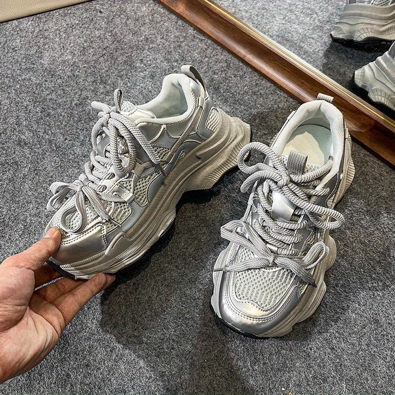 New Silvery versatile casual Women's sports shoes, thick-soled and height-increasing dad shoes for women